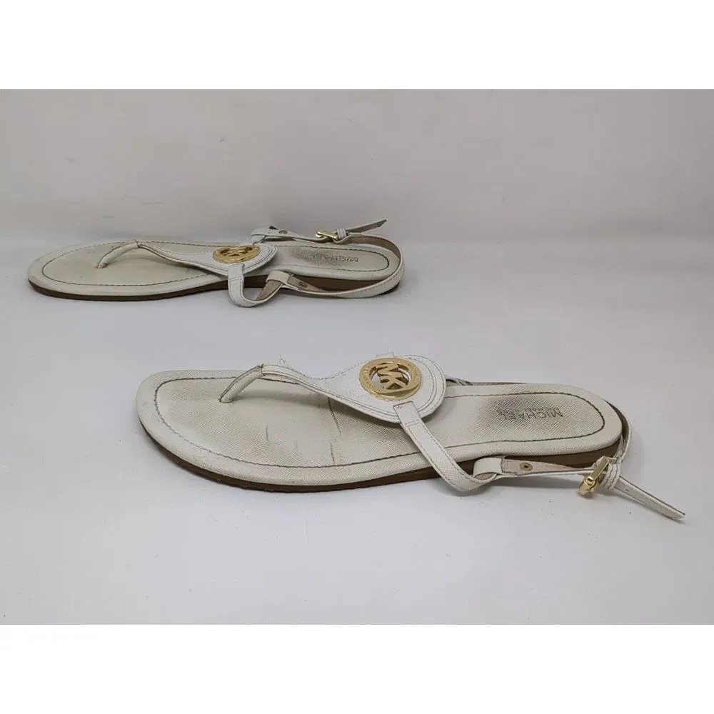 Michael‎ Kors Thong Sandals Leather Flat Big MK Logo Leather White Women's 7.5 M